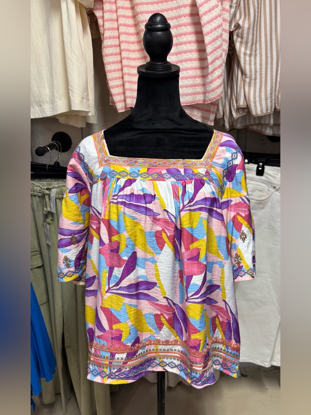 Colorful Floral Square-Neck Women's Top - Pink, Purple & Yellow - by Easel